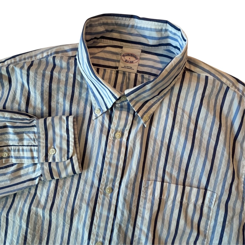 Brooks Brothers Mens Large Blue Striped Cotton Button Down Shirt L Long Sleeve
